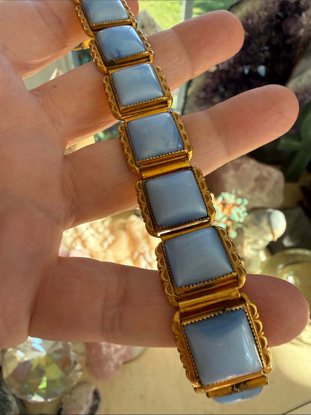 Gold-Tone Bracelet with Light Blue Cabochon Squares